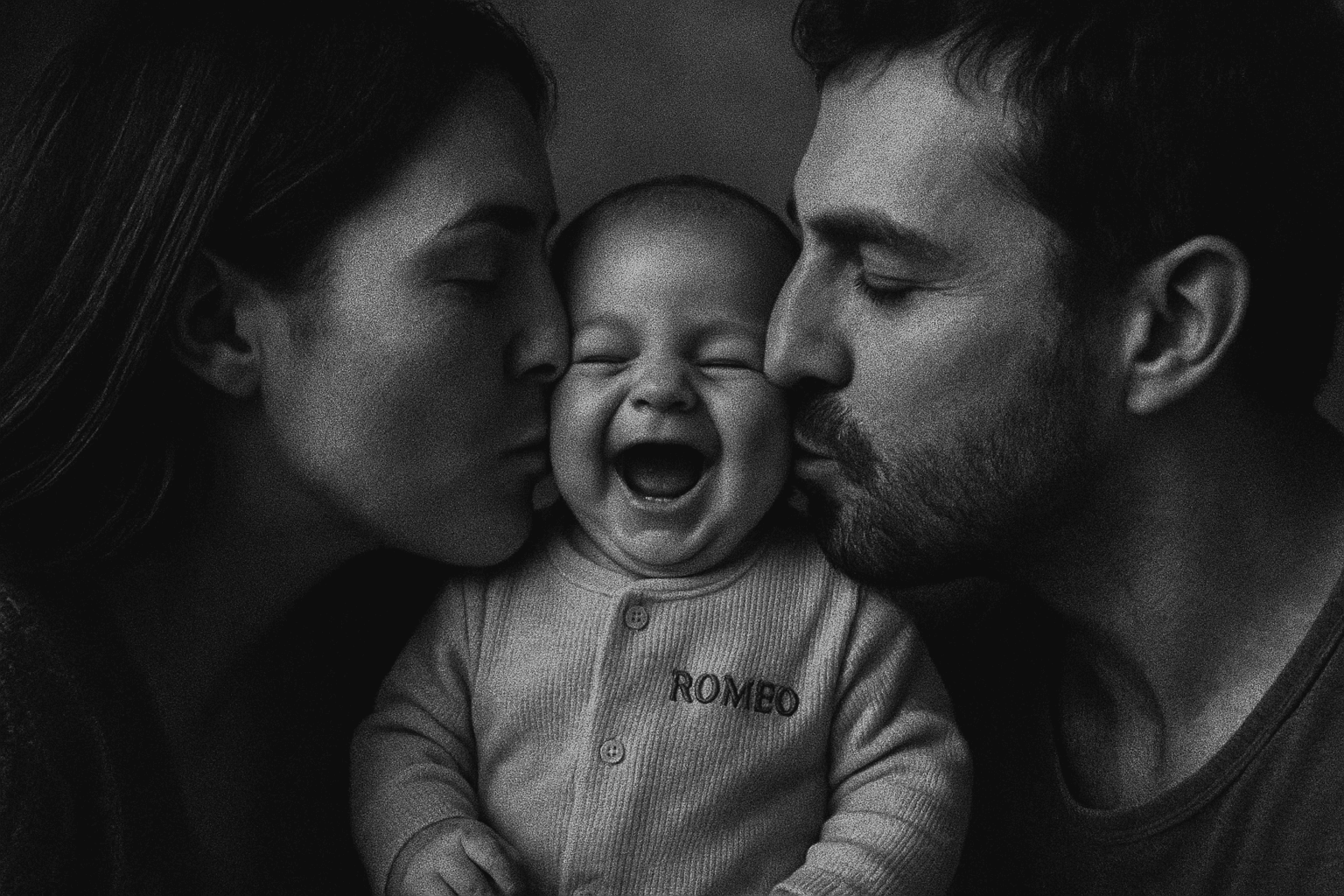 Faire-part digital MyStoryFlow : parents embrassant leur bébé heureux